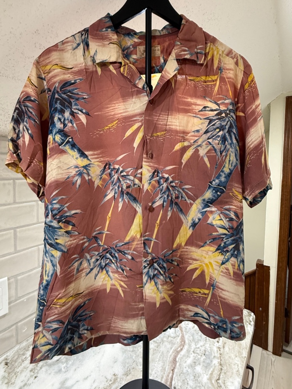 Vintage Pali Hawaiian Style Hand Print Bamboo Shirt L As Is
